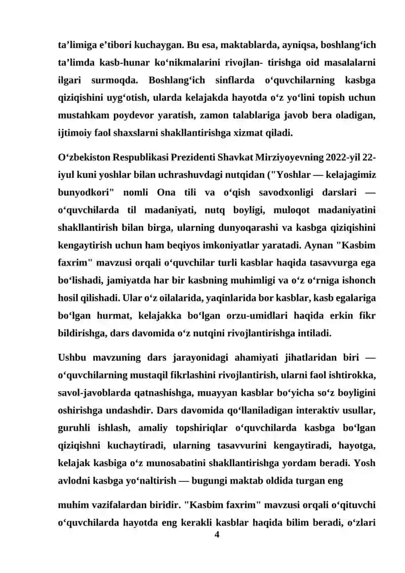 ONA TILI VA O‘QISH SAVODXONLIGI DARSLARIDA «KASBIM FAXRIM» MAVZUSINI OʻRGANISH 4