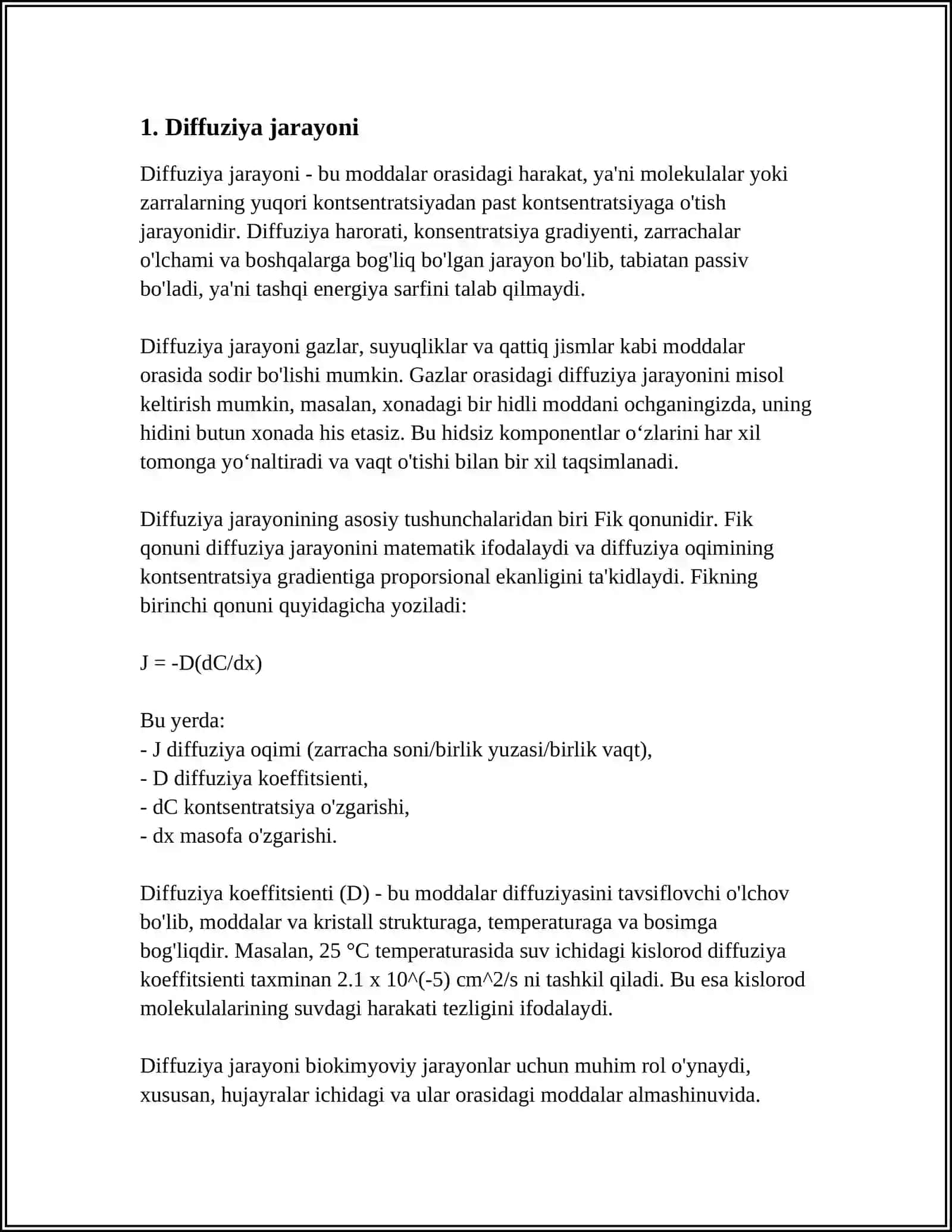 DIFFUZIYA. ISSIQLIK OʻTKAZUVCHANLIK VA QOVUSHQOQLIK 4
