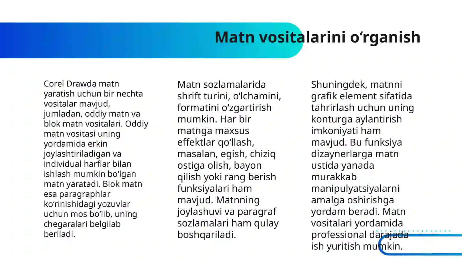 COREL DRAW DASTURI YORDAMIDA MATNLAR BILAN ISHLASH USULLARINI O'RGANISH VA ULAR USTIDA ISHLASH 4
