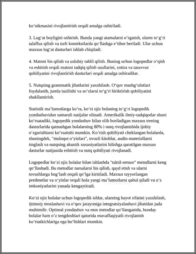 KO‘ZI OJIZ BOLALAR BILAN OLIB BORILADIGAN LOGOPEDIK ISHLARNING OʻZIGA XOS XUSUSIYATLARI 4