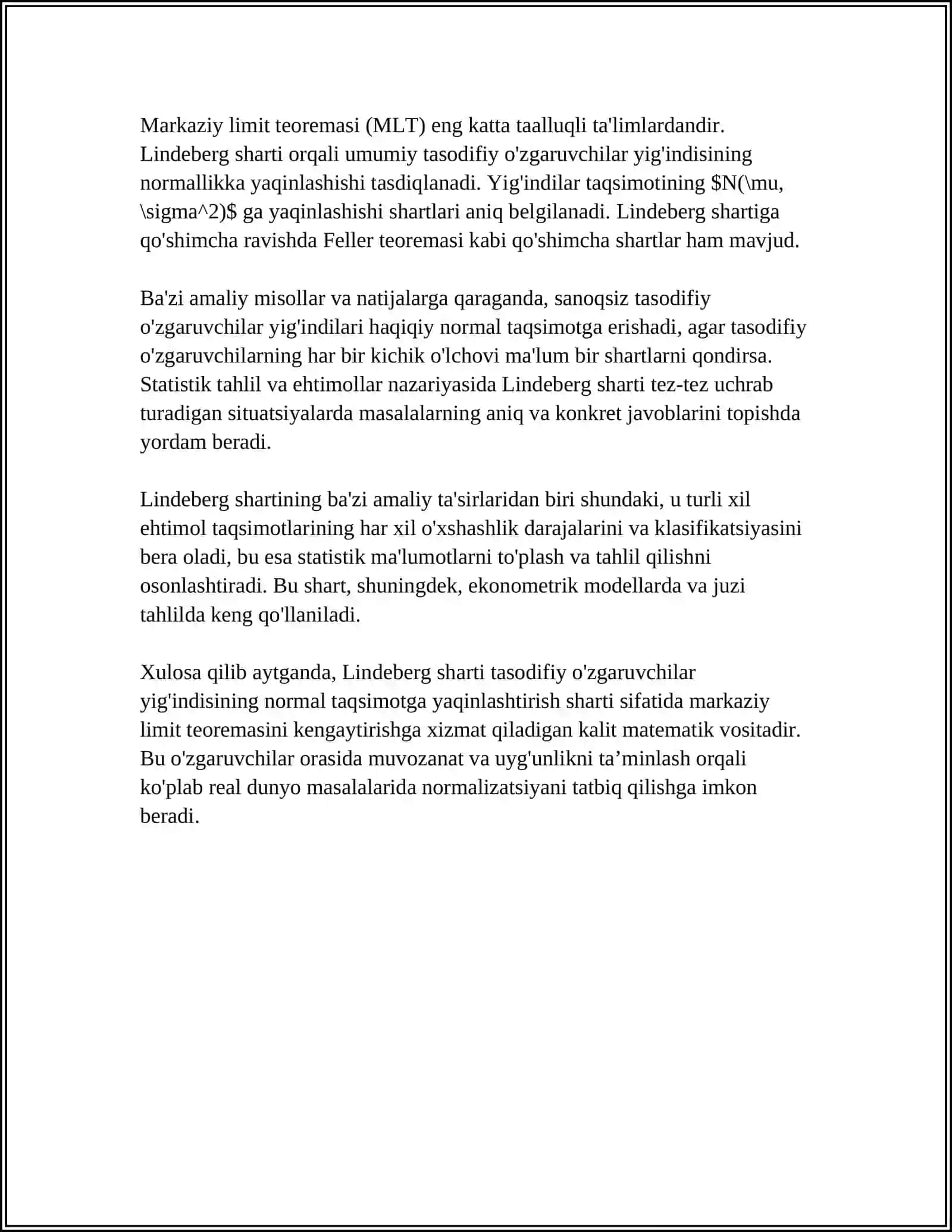 LINDEOSTIDAGI SHARTI OSTIDAGI MARKAZIY LIMIT TEOREMANI ISBOTLASH 4