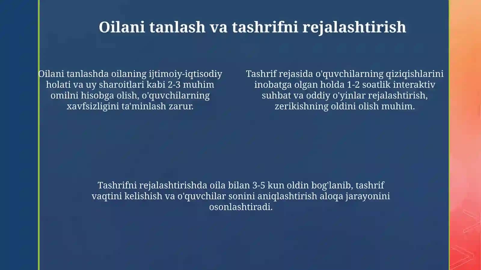 Sinf rahbari sifatida biror oilaga tashrif buyurish va taassurotlarini bayon etish 4