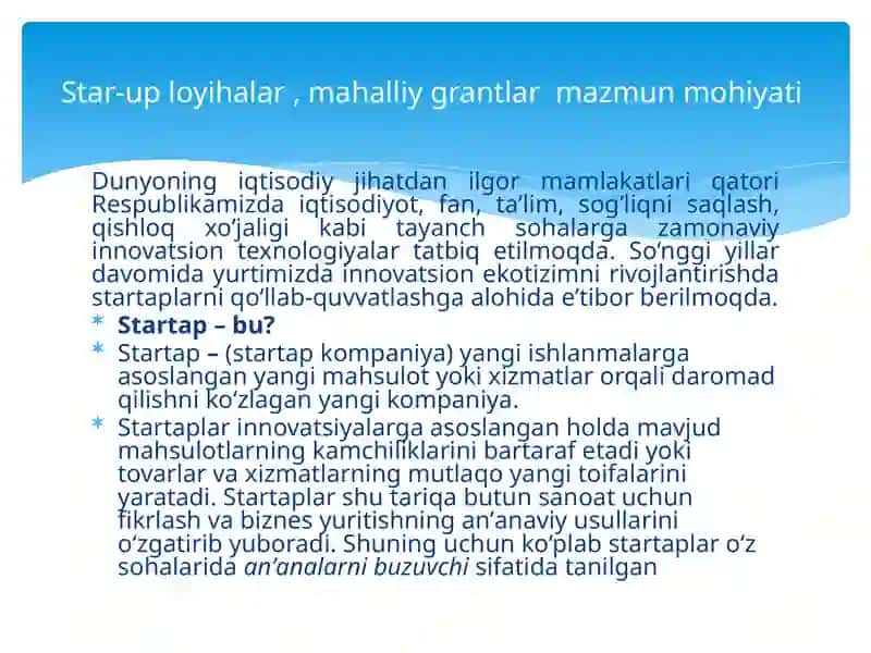 Star-up loyihalar, mahalliy grantlar va tartibotlar daishtiroketish va biznes-rejalar tayyorlash 4