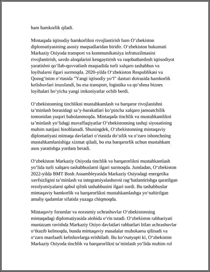 O'ZBEKISTONNING MARKAZIY OSIYODA TINCHLIK VA BARQARORLIKNI TA'MINLASHDAGI OʻRNI 4