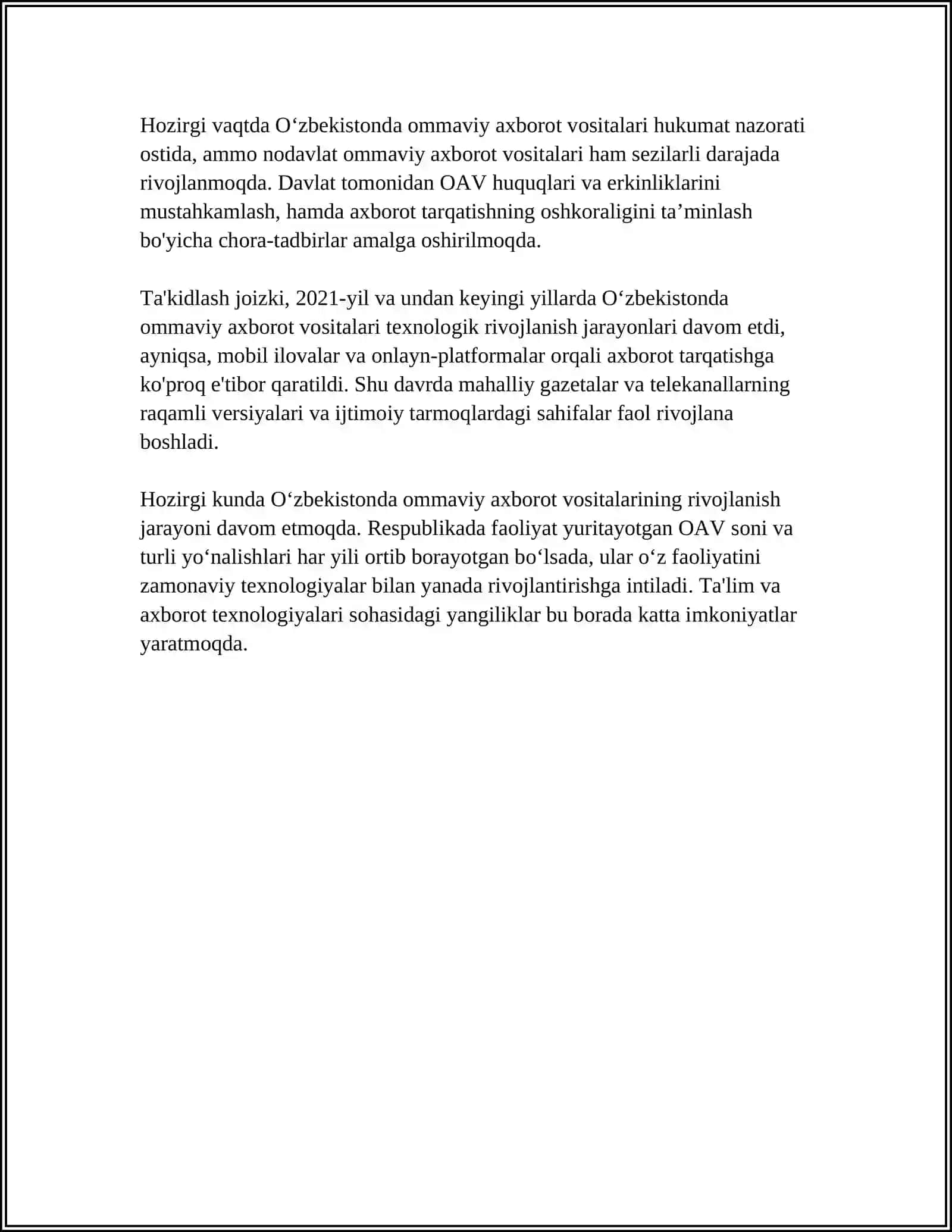 MUSTAQIL ISH Mavzu: OʻZBEKISTON RESPUBLIKASIDA OMMAVIY AXBOROT VOSITALARINING FAOLIYATI 4