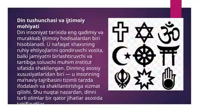 Din ijtimoiy hodisa sifatida va uning kelib chiqishi to'g'risidagi turlicha qarashlar. 4