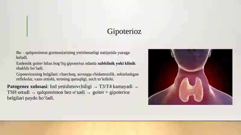Endemik buqoq va gipoterioz patogenezi va davolash usullari. Buyraklarning kalsiy, fosfor va bikarbonat almashinuvidagi ahamiyati. 4