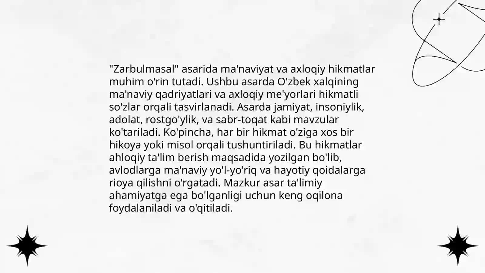 Gulxaniy "Zarbulmasal" asarida maqollar tavsifi 4