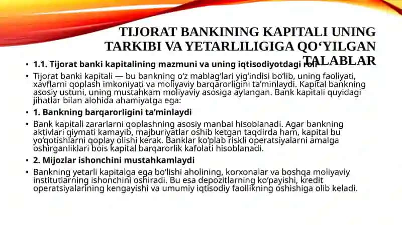 Tijorat bankining kapitali uning tarkibi va yetarliligiga qo‘yilgan talablar 4