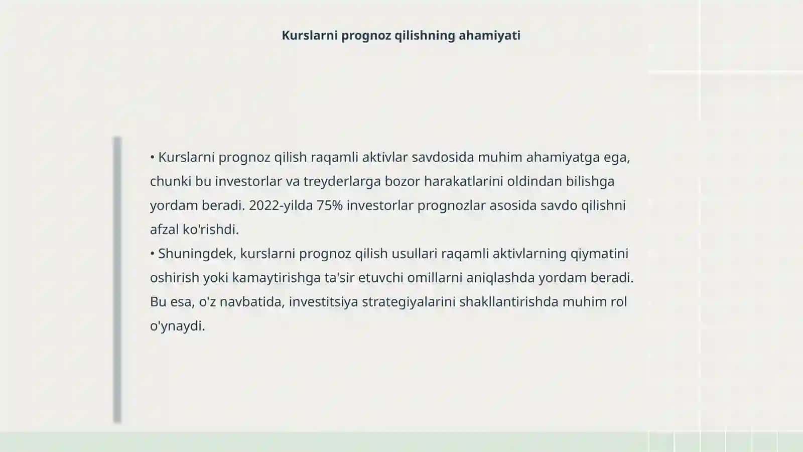 Raqamli aktivlat savdosida kurslrni prognoz qilish usullari 4