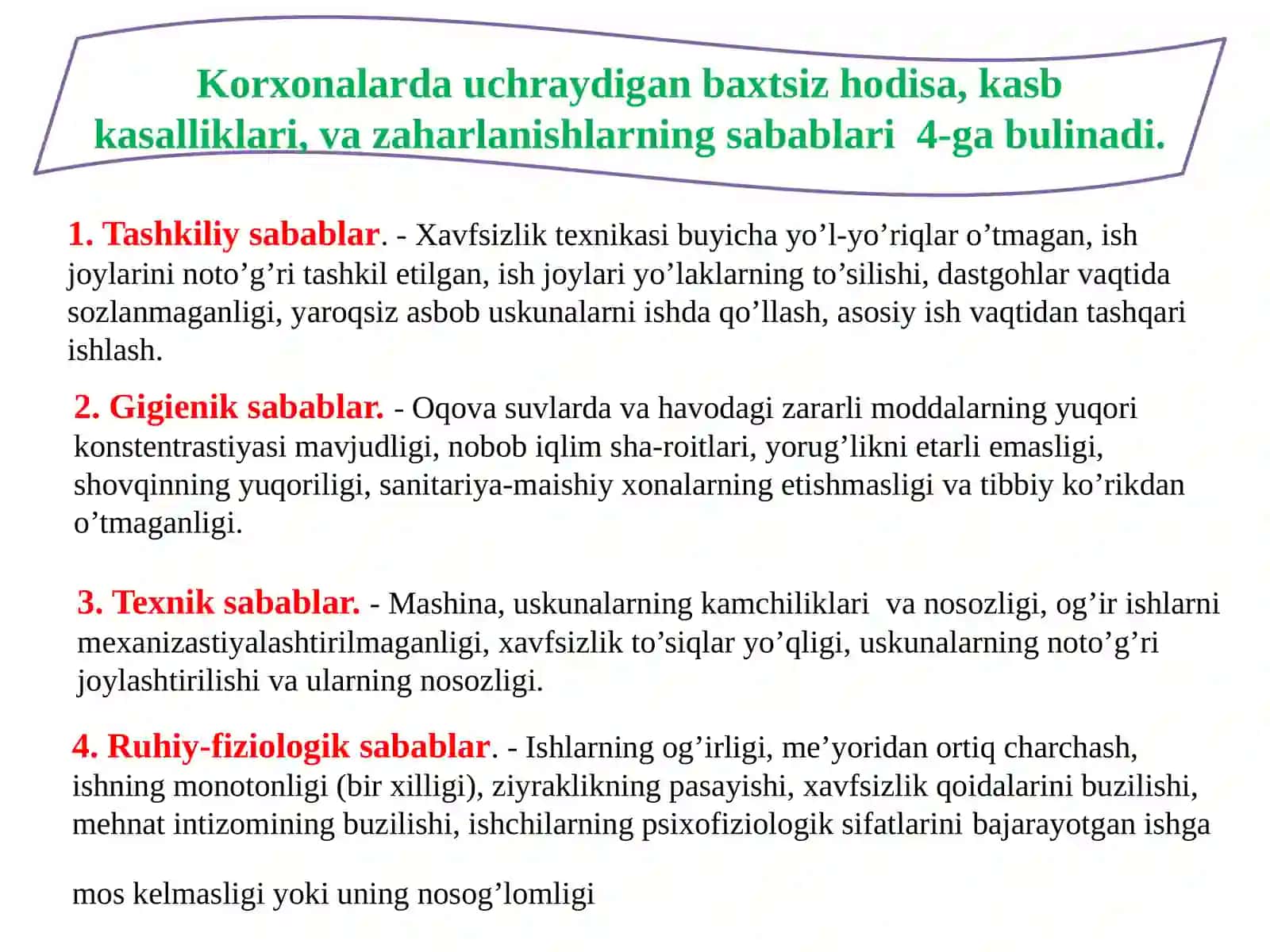 Ishlab chiqarishdagi baxtsizhodisalar, ularni kamaytirish chora tadbirlari 4
