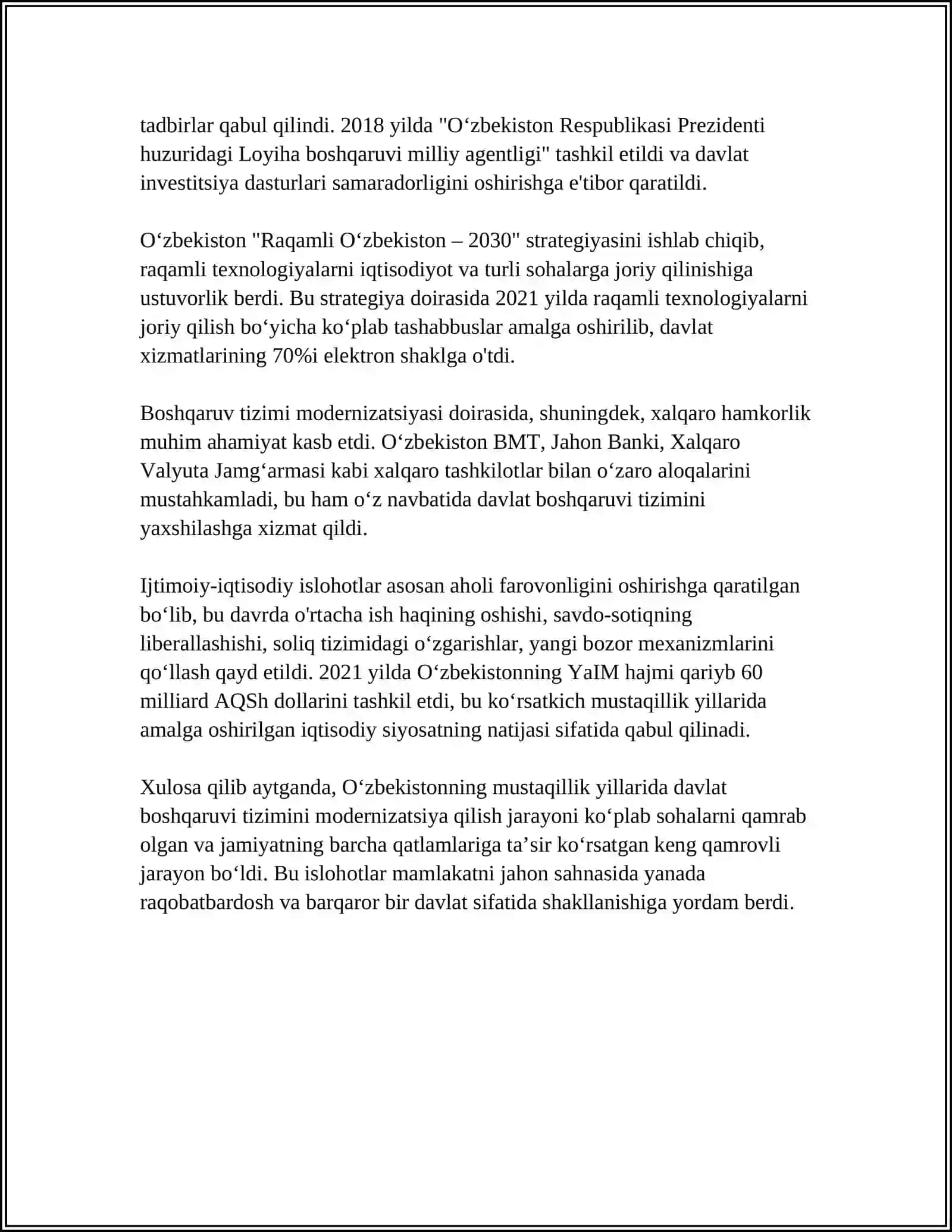 MUSTAQILLIK YILLARIDA DAVLAT BOSHQARUVI TIZIMIDA AMALGA OSHIRILGAN ISLOHOTLAR 4