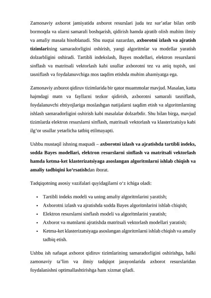 Axborotni izlash va ajratishda tartibli indeks, Bayes modellari va elektron resurslarni sinflash algoritmlari yaratish 4