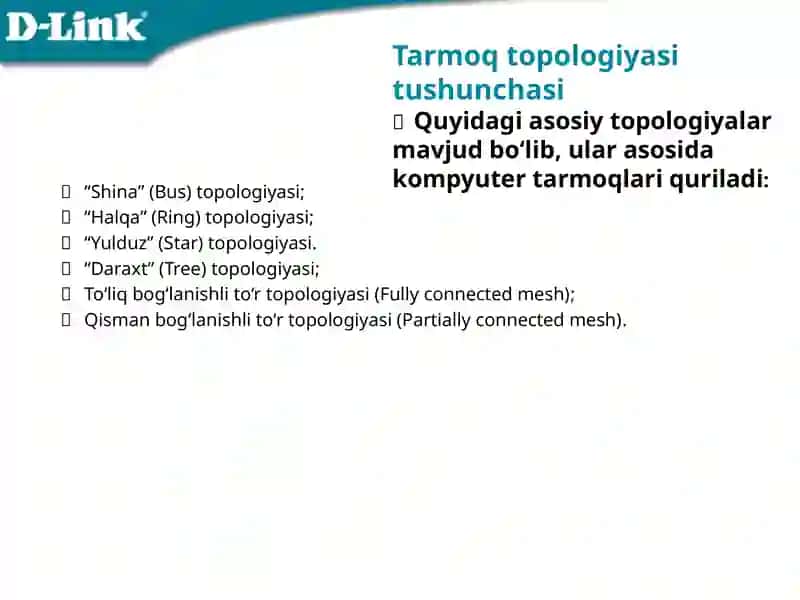 Tarmoq tuzilmasi va tarmoq topologiyasi tushunchasi. Aktiv tarmoq uskunalari 4