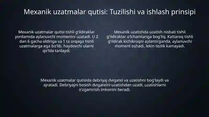Uzatmalar qutisi Mexanik va avtomatik uzatmalar qutisi ishlash prinspi 4