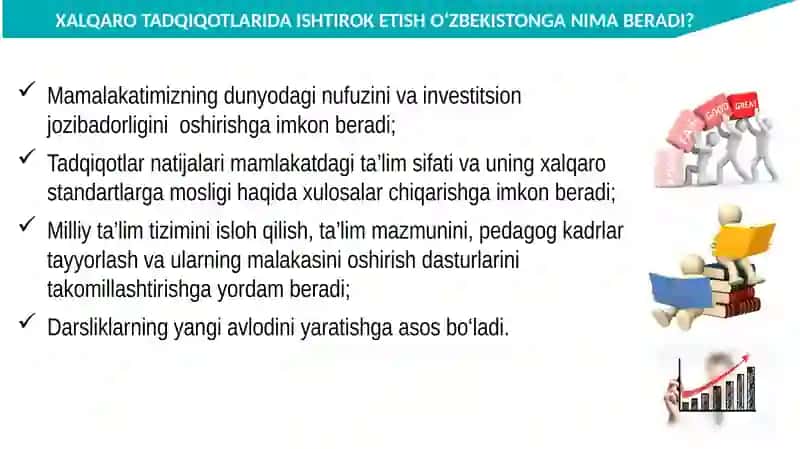 Xalqaro baholash dasturlari (PIRLS, PISA va TIMSS) natijalari asosida ta'lim sifatini oshirish. 4