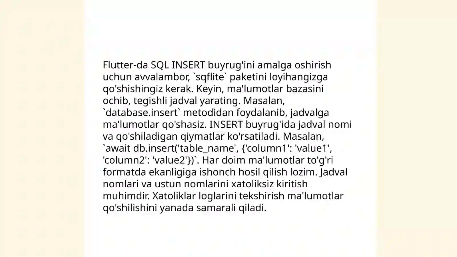 Flutter-da Asosiy SQL SELECT, INSERT, UPDATE, DELETE buyruqlari yordamida Android Studio da ma’lumotlar bazalari bilan ishlash 4
