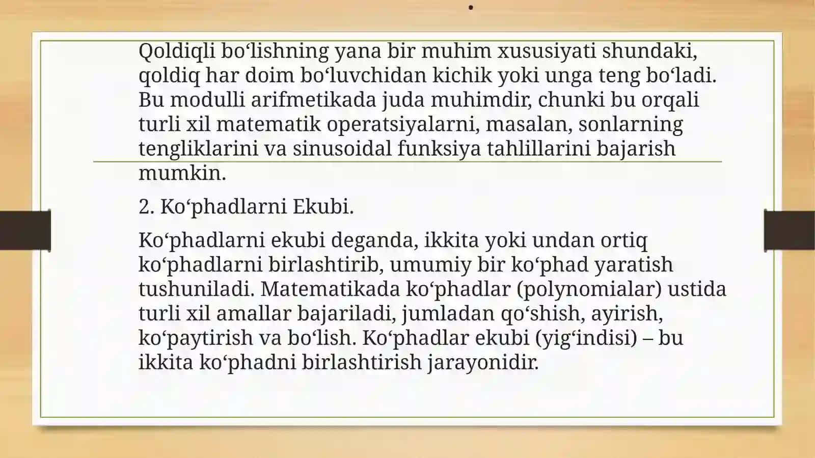 Qoidali bo`lish. Ko`phadlarni EKUBi. Keltirilmas ko`phadlar. 4