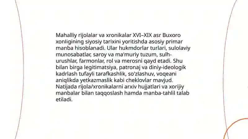 XVI-XIX asr Buxoro xonligi siyosiy tarixining tarixshunosligi 4