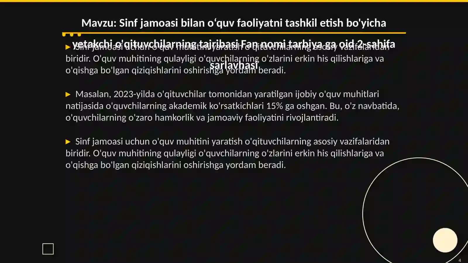 Sinf jamoasi bilan o‘quv faoliyatni tashkil etish bo'yicha yetakchi o'qituvchilarning tajribasi 4