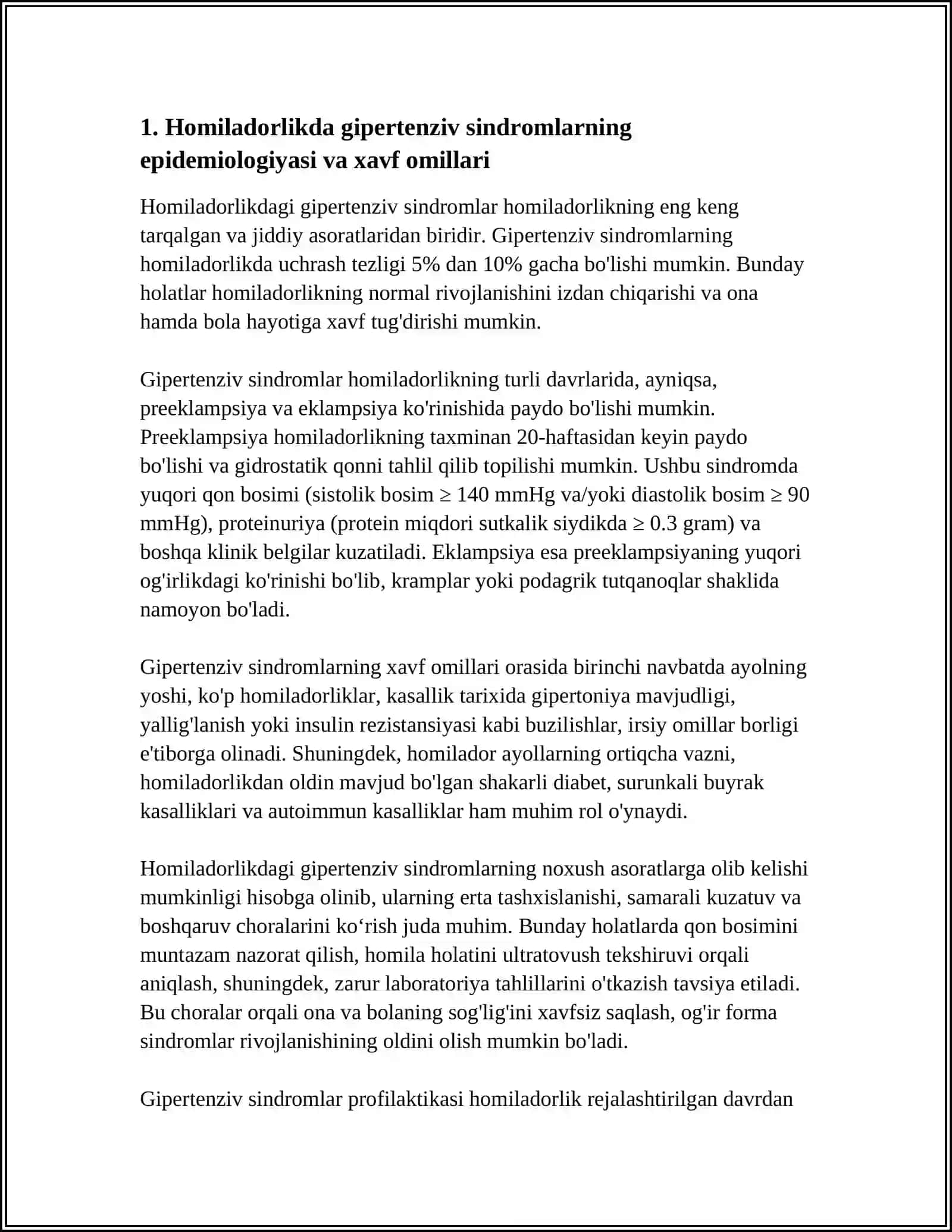 HOMLADORLIKDA GIPERTENZIV SINDROM, PREEKLAMPSIYA, EKLAMPSIYA. GIPERTENZIV HOLATLAR TASNIFI. KLINIKASI, TASHXISLASH, ASORATLARI. PREEKLAMPSIYA VA EKLAMPSIYA OG'IR FORMALARIDA SHOSHILINCH YORDAM KO'RSATISH PROFILAKTIKA VA REABLITATSIYA CHORALARI 4