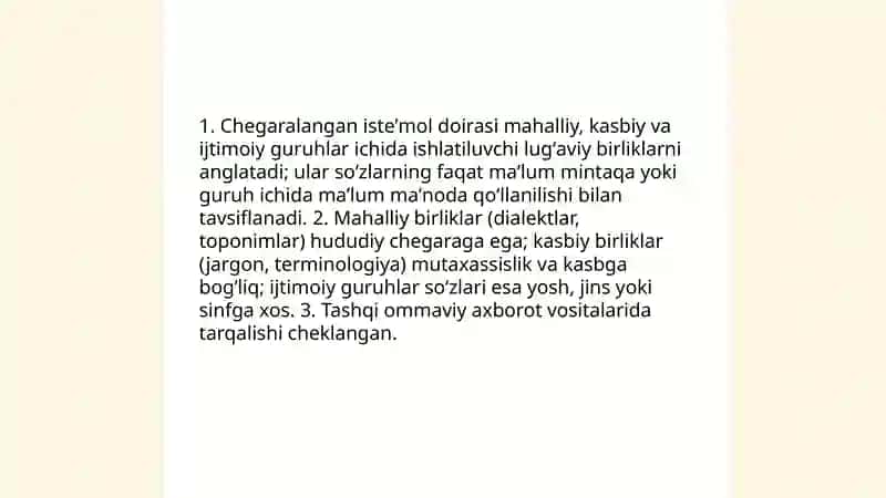 Lugʻaviy birliklarning qoʻllanish doirasiga koʻra guruhlanishi: isteʼmol doirasi chegaralangan va keng isteʼmol qatlami 4