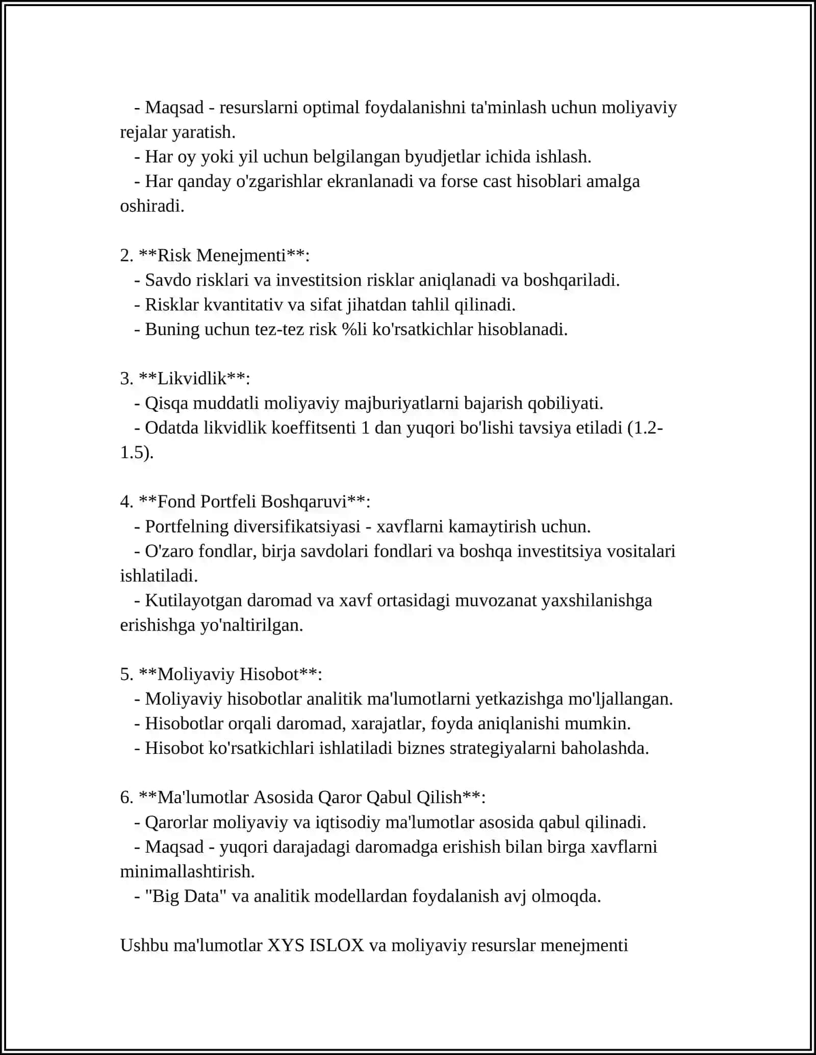 MUSTAQIL ISH Mavzu: XYS ISLOX QLISH TZIMIDA MOLIYAVIY RESUSLAR 4