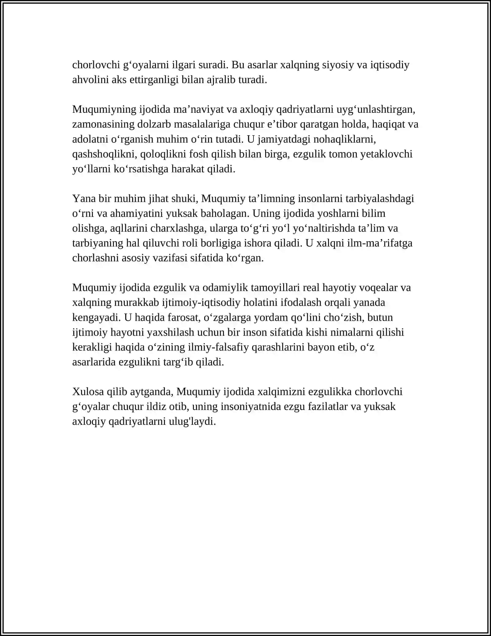 MUQUMIY IJODIDA XALQIM EZGULIKKA CHORLOVCHI GʻOYALARI 4