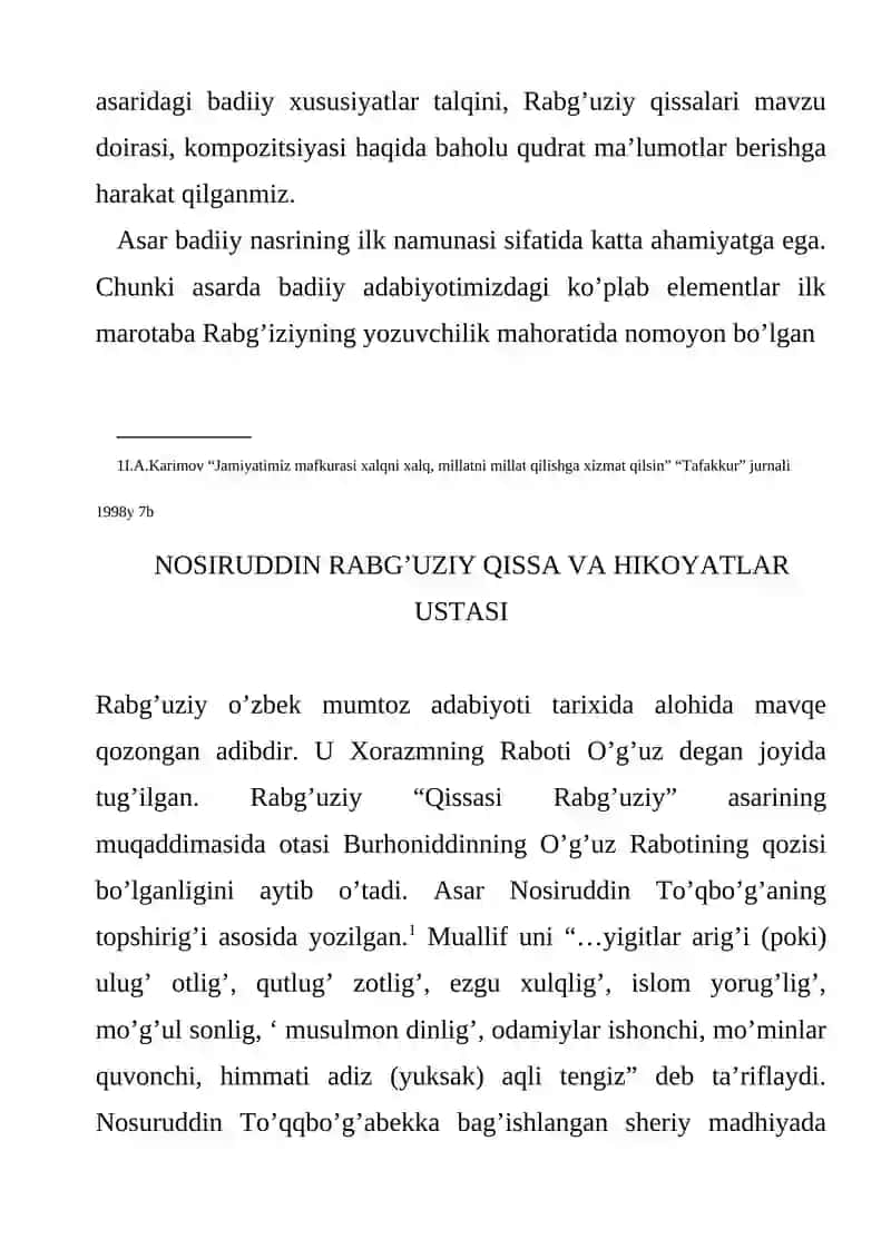 Qissasi Rabg’uziy (Qissasul-anbiyo) o’zbek badiiy nasrining ilk namunasi sifatida Kur ishi 4