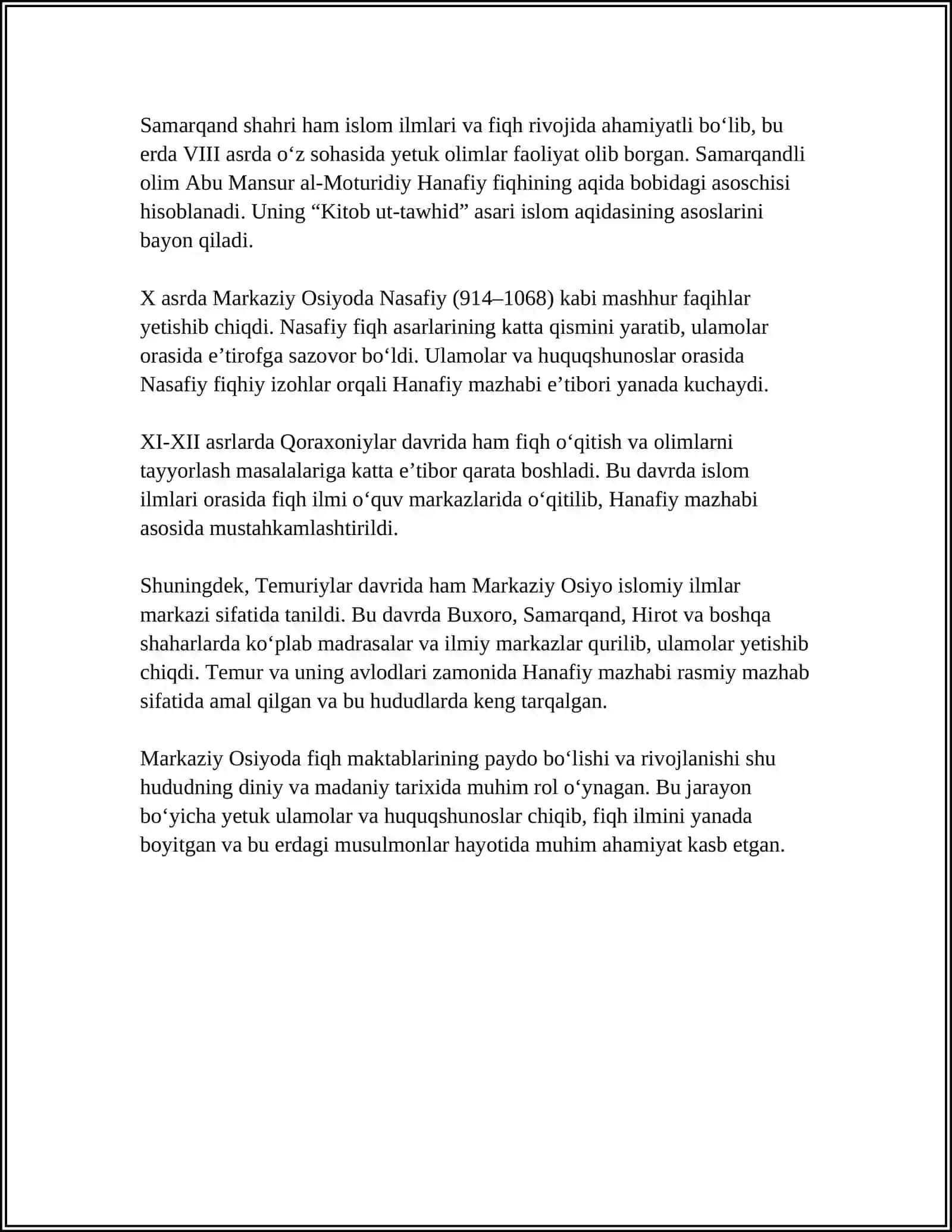 HANAFIY MAZHABINING RIVOJIDA MARKAZIY OSIYO FIQIHLARINING RIVOJI VA HISSASI 4