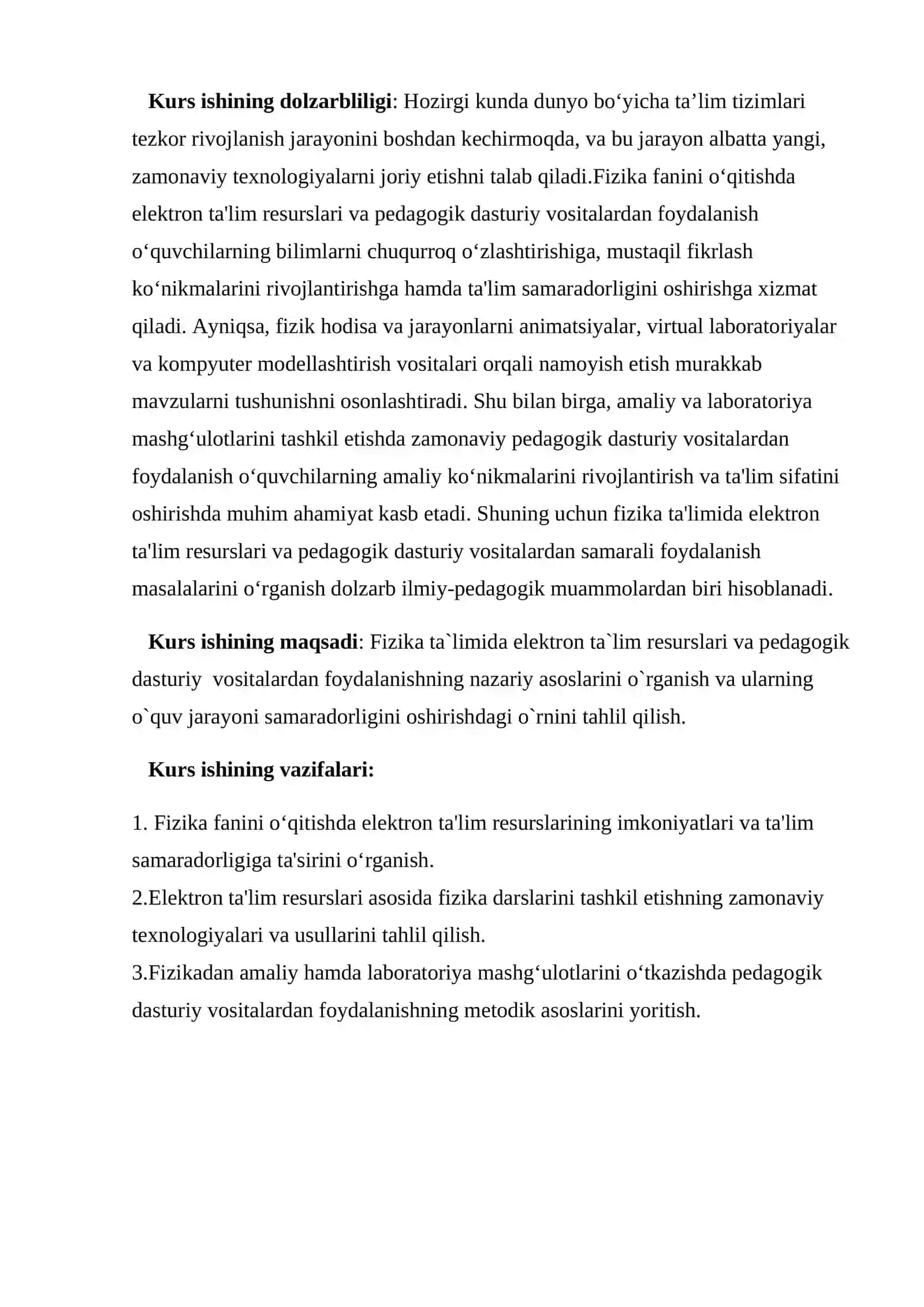 Fizika ta`limiga  elektron  ta`lim resurslari va pedagogik dasturiy vositalardan  foydalanish mavzusida tayyor sifatli kurs ishi 4