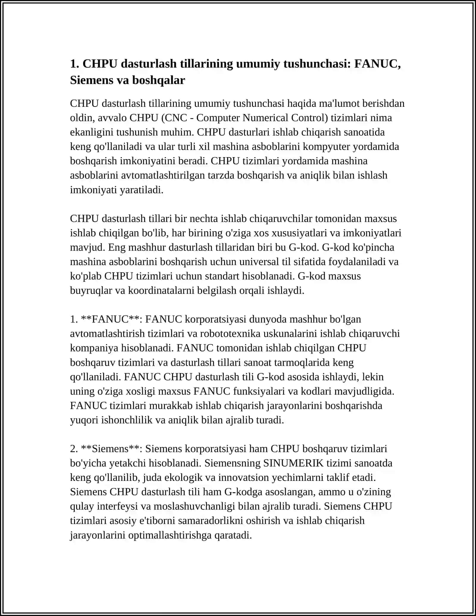 CHPU DASTURLASHDA ZAMONAVIY DASTURLASH TILLARI (FANUC SIEMENS VA BOSHQALAR) 4