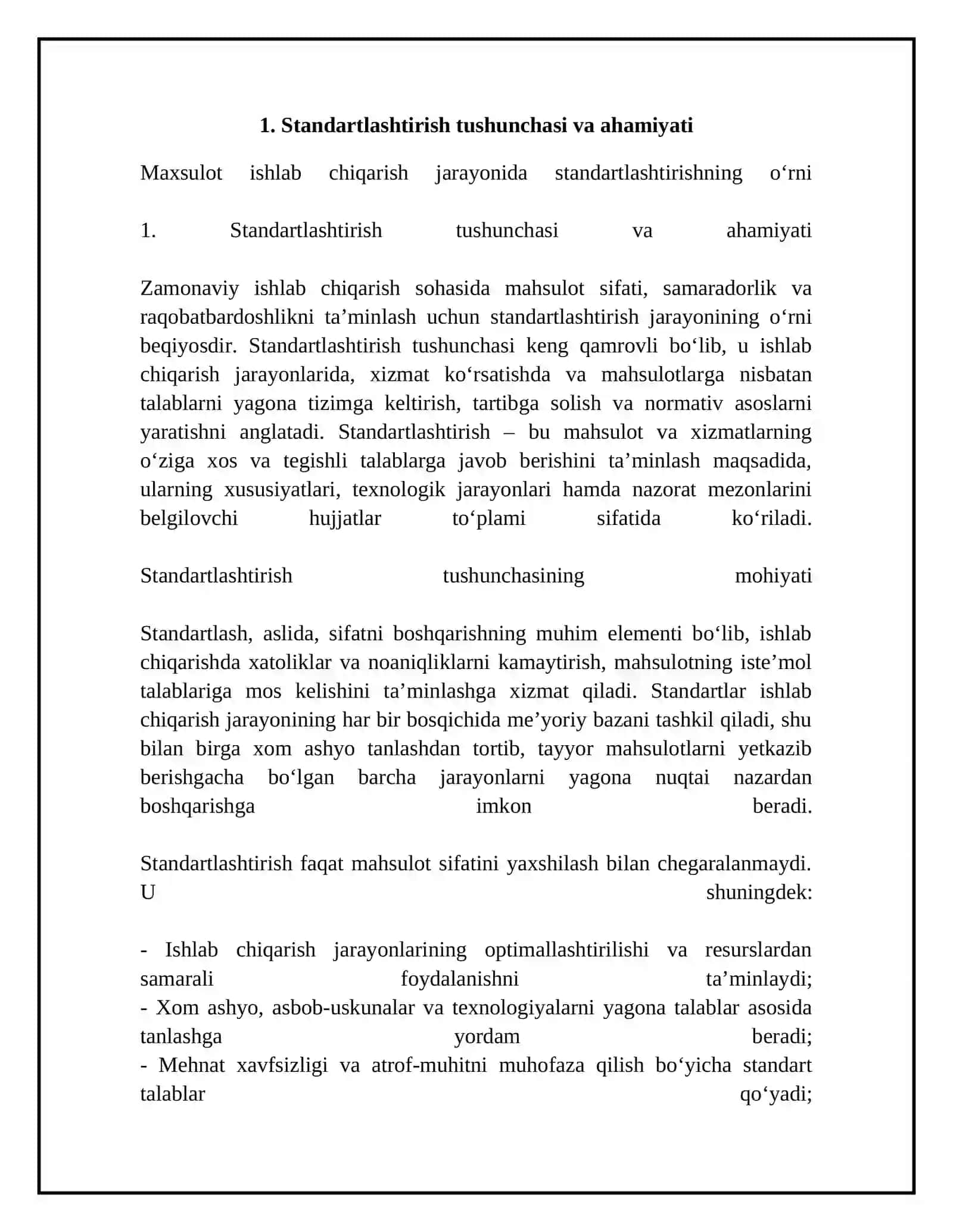 Maxsulot ishlab chiqarish jarayonida standartlashtirishni oʻrni 4