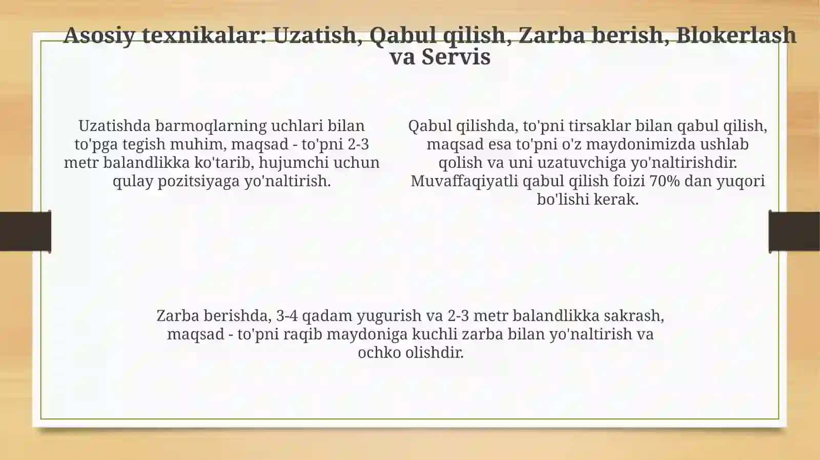 Voleybol oʻyini qoidasi, texnikasi va taktikasi 4