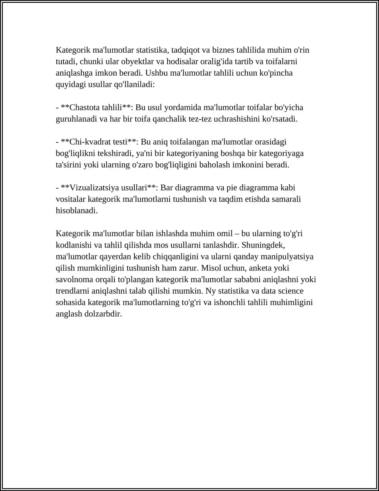 STATISTIKADA, KATEGORIK MA'LUMOTLARNI TAHLIL QILISH 4