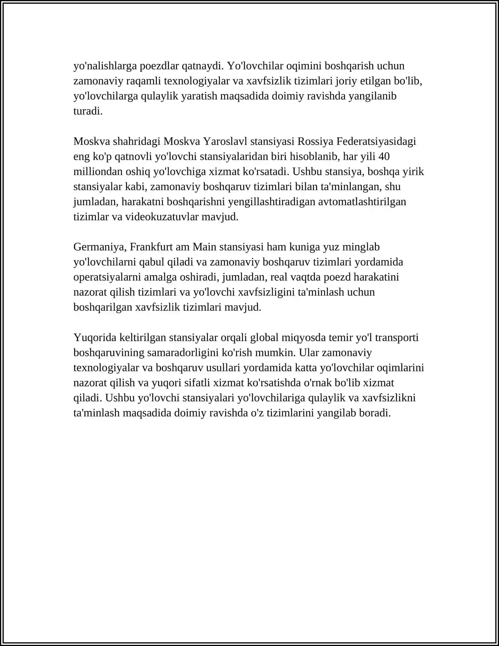 XORIJIY DAVLATNING YIRIK YO'LOVCHI STANSIYALARI ISH TAJRIBASINI TAHLIL QILISH 4