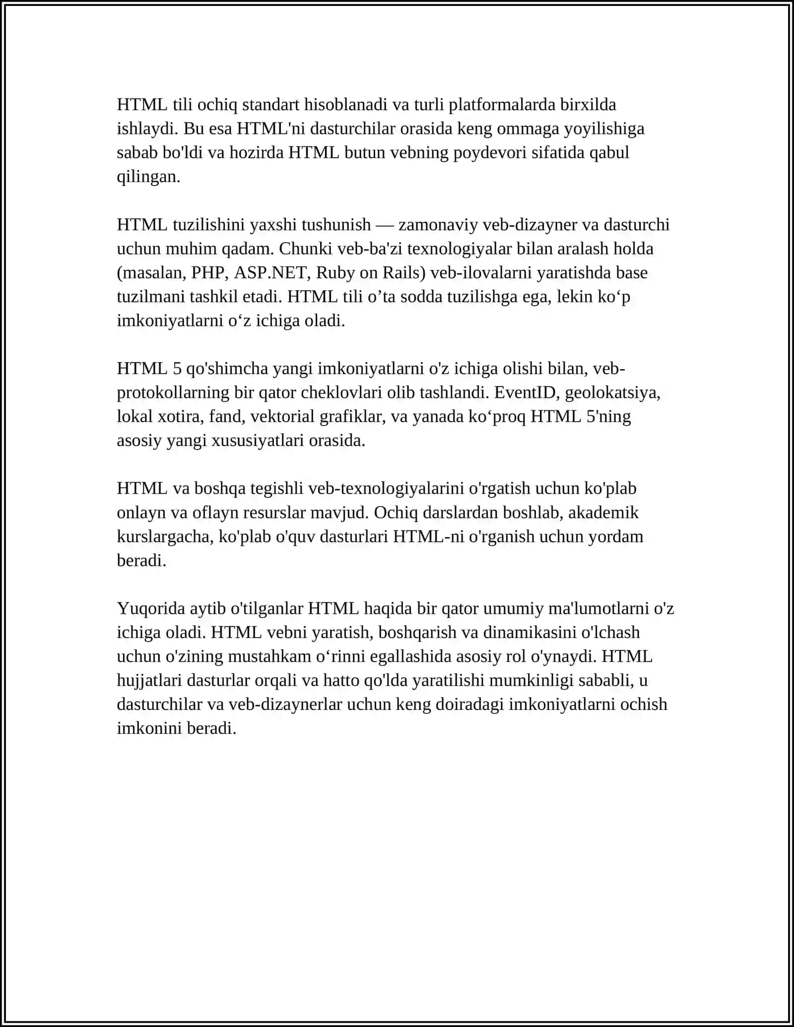 Mavzu: HTML TILIGA KIRISH, UNING ASOSIY ELEMENTLARI. TEG TUSHUNCHASI 4