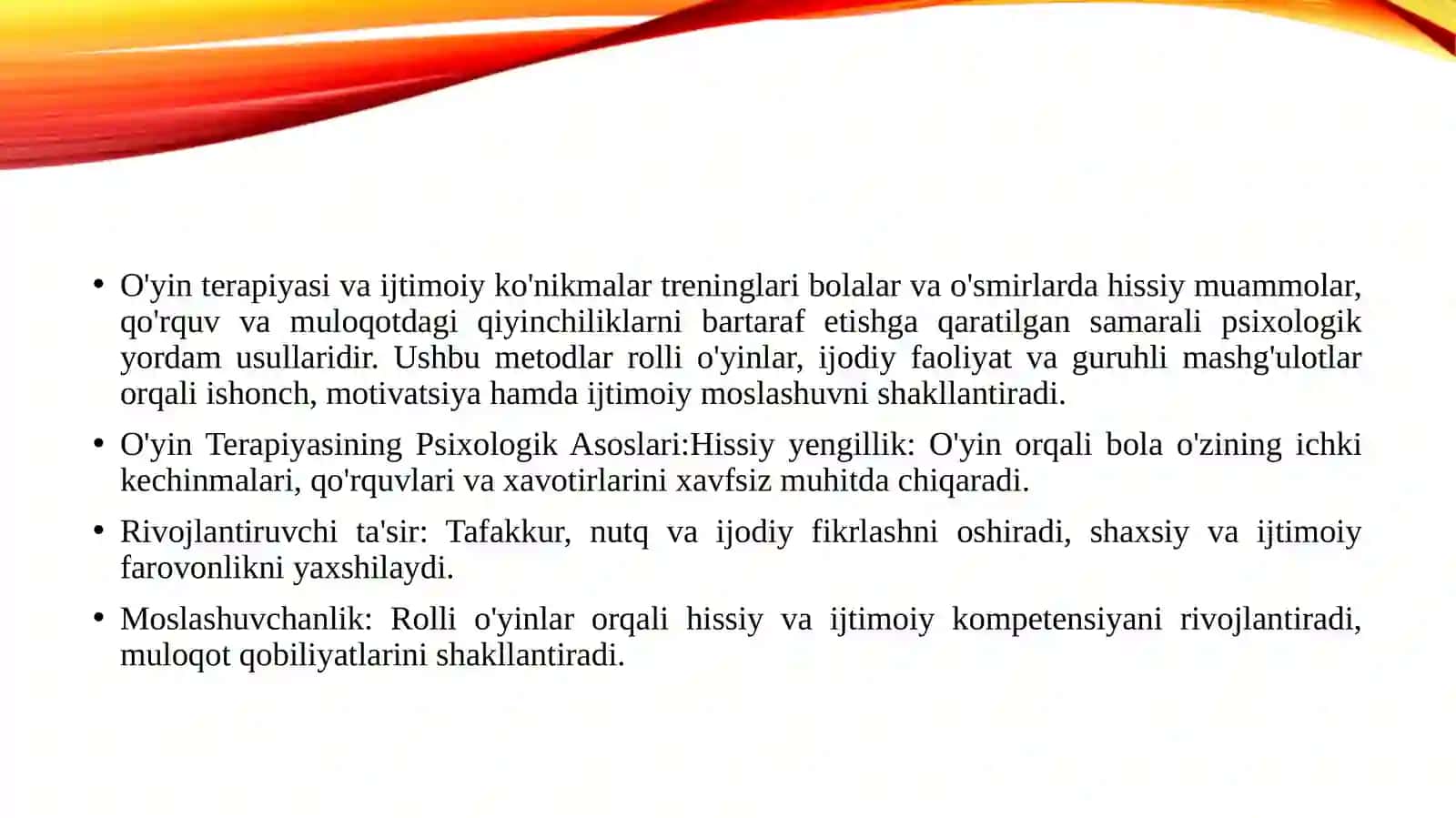 O'yin terapiyasi va ijtimoiy ko'nikmalar treninglari yordamida psixologik qo'llab-quvvatlash 4