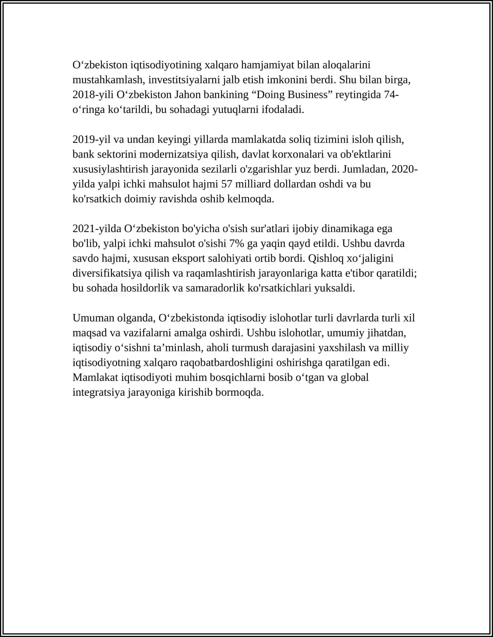 REFERAT Mavzu: OʻZBEKISTON IQTISODIY ISLOHOTLAR VA ISHTIMOIY 4