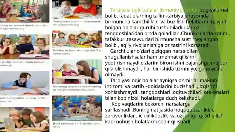 TARBIYASI OG’IR BOLALAR BILAN OLIB BORILADIGAN IJTIMOIY –PEDAGOGIK FAOLYAT METODIKASI 4