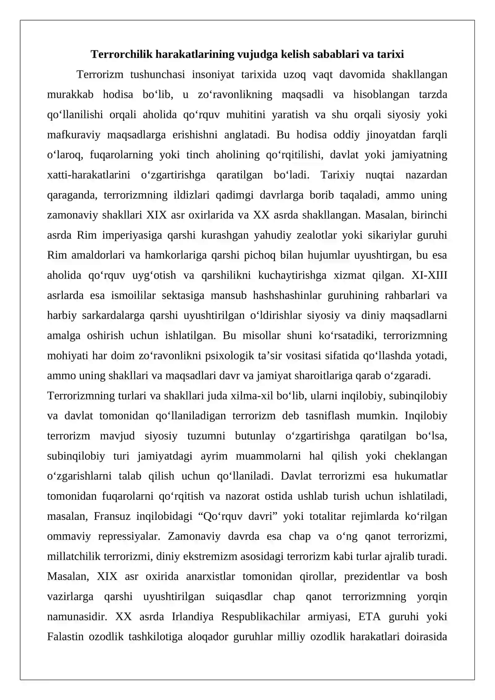 Terrorchilik harakatlarining vujudga kelish sabablari va tarixi 4