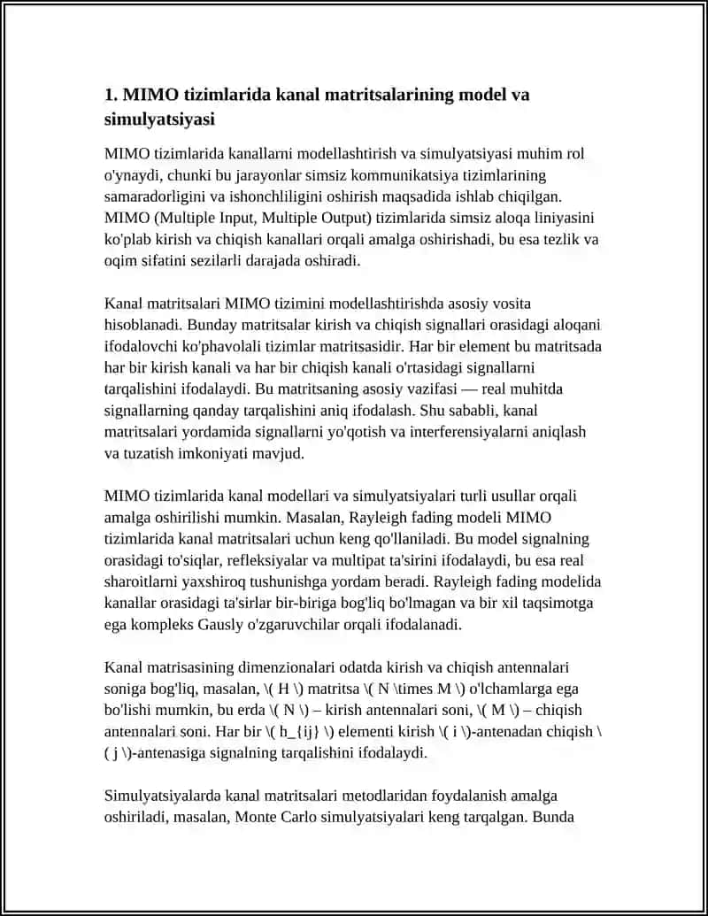MIMO tizimlarida kanal matritsalarining model va simulyatsiyasi 4
