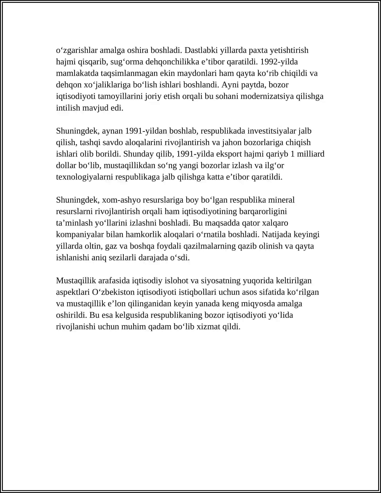 MUSTAQILLIKKA ERISHISH ARAFASIDA O’ZBEKISTONDAGI IJTIMOIY-IQTISODIY JARAYONLAR 4
