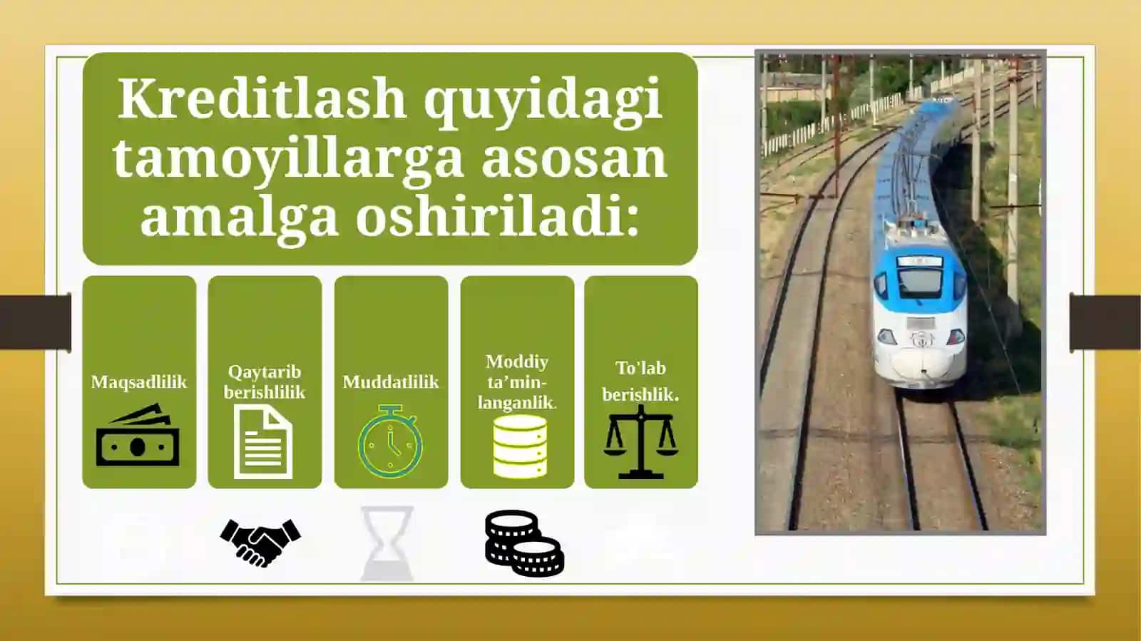 Temiryo`l transporti korxonalarini qisqa muddatli kreditlar bilan ta`minlash 4