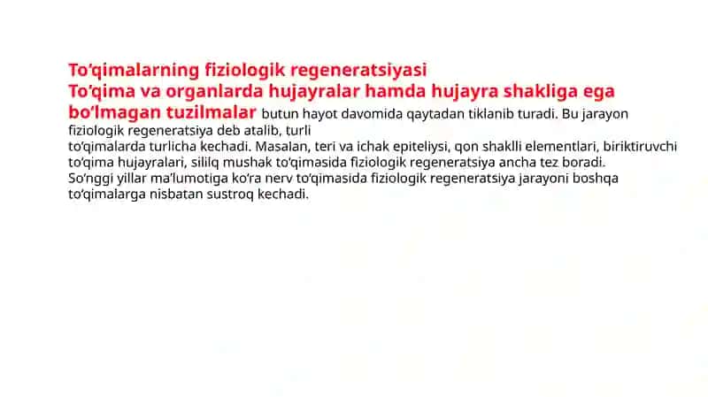 Fiziologik va reparativ regeneratsiya.Toʻqimalar oʻzgaruvchanlik chegarasi.Bez sekretsiyasi ultrastrukturaviy asoslari 4