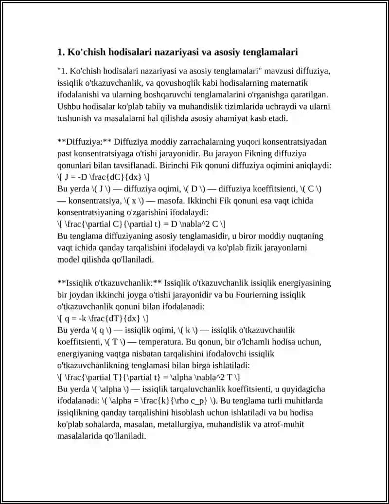 KOʻCHISH HODISALARI.DIFFUZIYA, ISSIQLIK OʻTKAZUVCHANLIK VA QOVUSHQOQLIK.FAZAVIY OʻTISHLAR 4