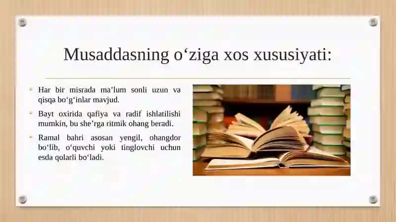 Ramal bahrining muqaddas vaznlari tahlil qilish.Mohlaroyim Nodira she’rlari asosida. 4
