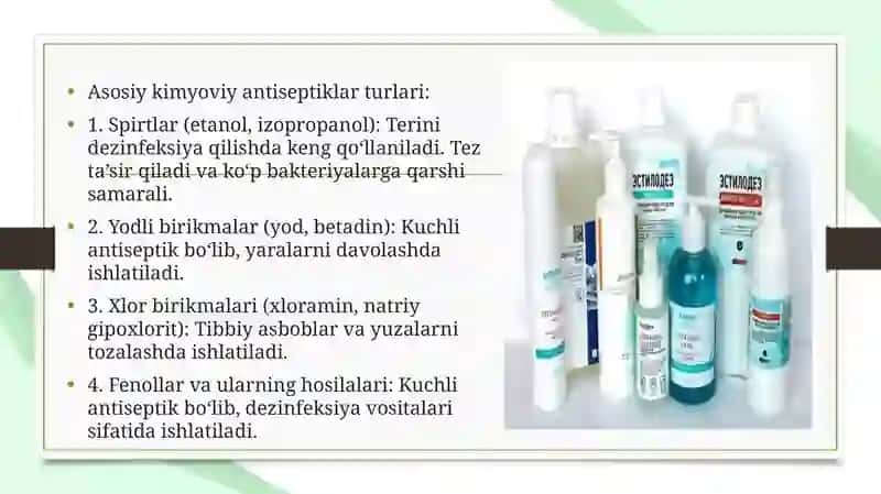 Zamonaviy  fizik  antiseptika  usullari.  Kimyoviy  va  biologik  antiseptiklar guruxlari va turlari 4