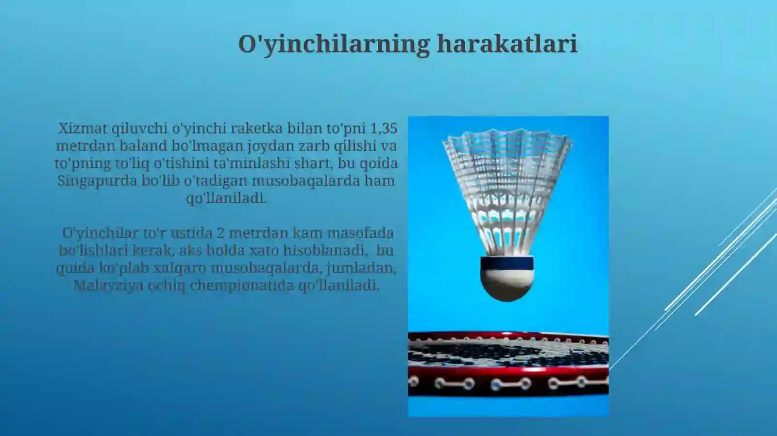 Badminton o'yin qoidalari va hakamlik. Musobaqalarni tashkil etish 4