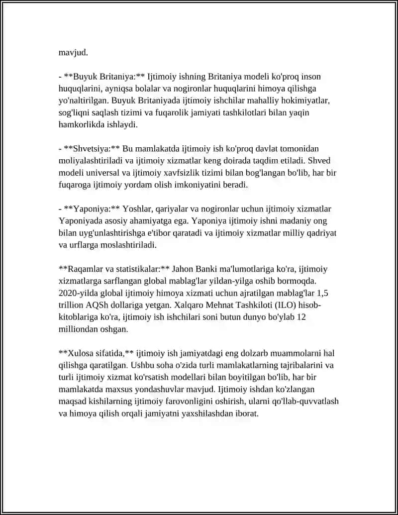 REFERAT Mavzu: IJTIMOIY ISH VA XORIJIY TAJRIBA OQUV FANI SIFATIDA 4